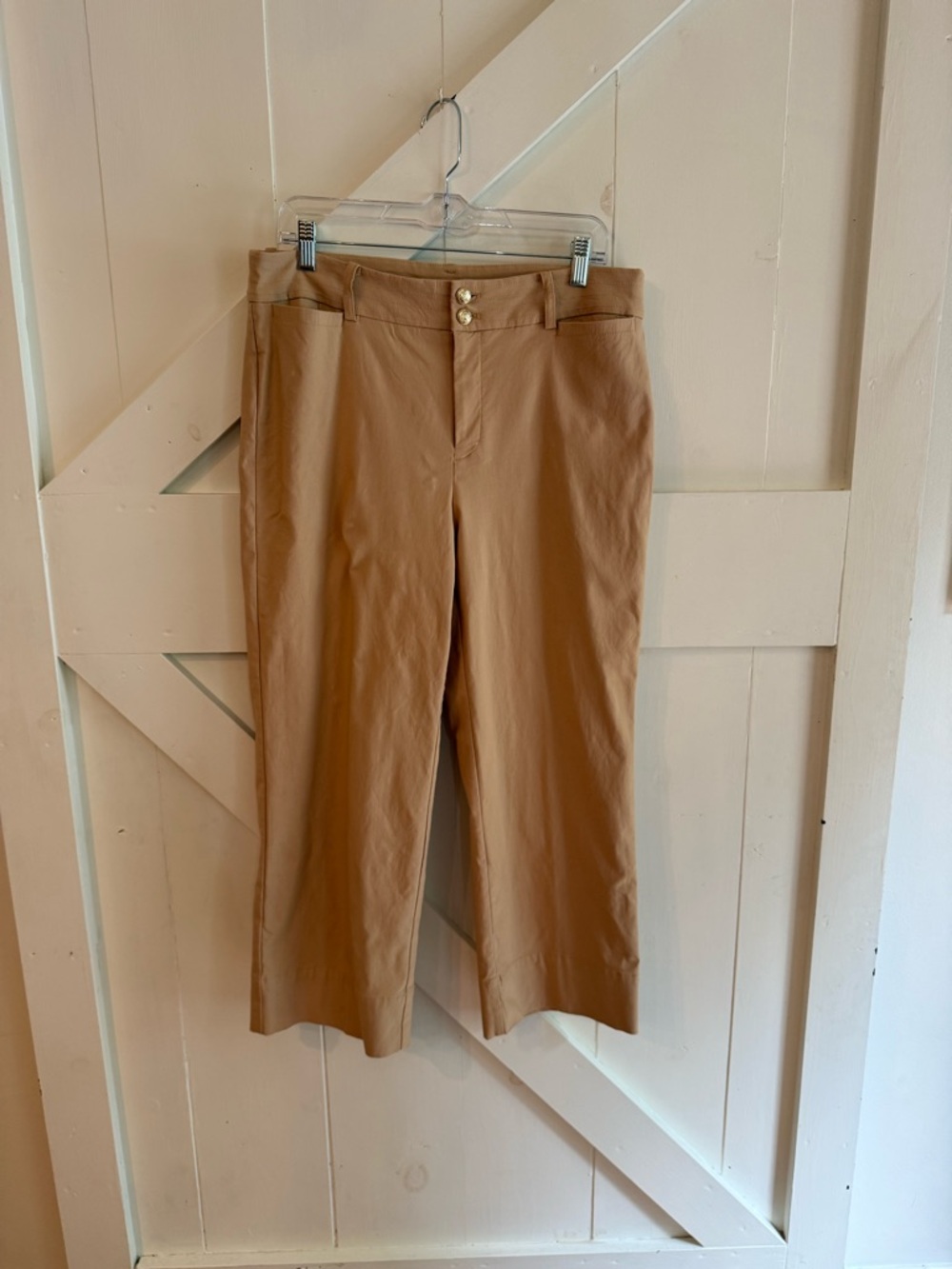 Chico’s‎ Khaki Cropped Straight Leg Pants Gold Button Detail Size 2 US 12